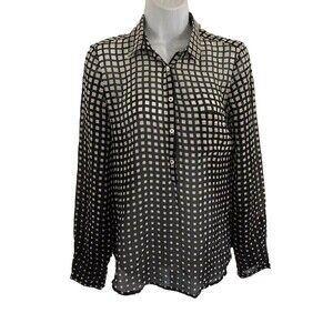 Equipment Femme 100% Silk Plaid 1/2 Button Shirt Size S Black White Sheer Blouse